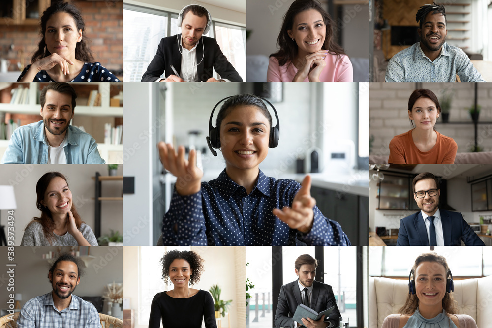 Sticker Head shot screen view diverse colleagues employees working online, making video call, engaged in conference, business people brainstorming, negotiating, using webcam and social media platform