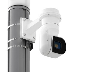 Modern public CCTV camera on wall isolated on white background. Intelligent reccording cameras for monitoring all day and night. Concept of surveillance and monitoring with clipping path copy space.