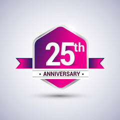 Logo 25th anniversary celebration isolated in red hexagon shape and red ribbon colored, vector design.