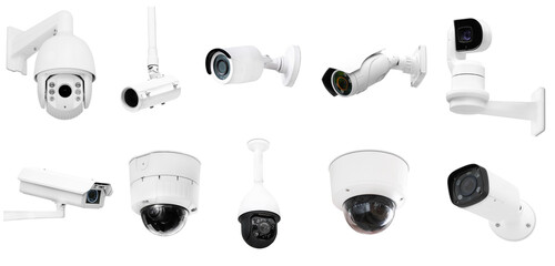 Set of modern public CCTV camera on wall isolated on white background. Intelligent reccording cameras for monitoring all day and night. Concept of surveillance and monitoring. - obrazy, fototapety, plakaty