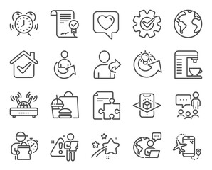 Technology icons set. Included icon as World planet, Refer friend, Heart signs. Augmented reality, Time management, Cogwheel symbols. Strategy, Wifi, Share. Coffee machine, People chatting. Vector