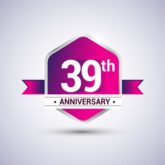 Logo 39th anniversary celebration isolated in red hexagon shape and red ribbon colored, vector design.