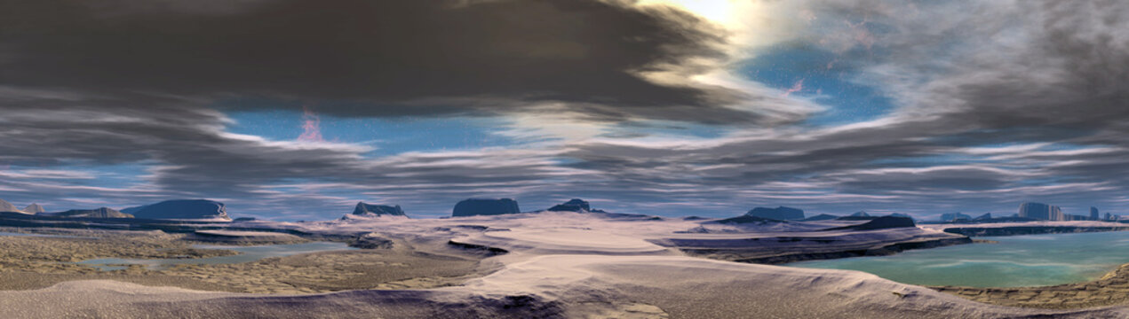 Alien Planet. Mountain and lake. Panorama. 3D rendering