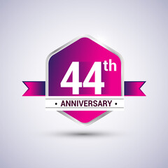 Logo 44th anniversary celebration isolated in red hexagon shape and red ribbon colored, vector design.