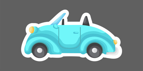 Turquoise cartoon car for design of notebook, scrapbook, card and invitation. Cute sticker template decorated with cartoon image. Colorful automobile flat style, simple design. Vector illustration