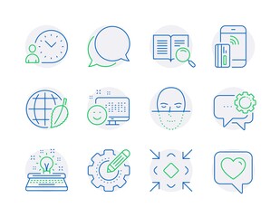 Technology icons set. Included icon as Contactless payment, Face recognition, Employees messenger signs. Settings gear, Minimize, Typewriter symbols. Time management, Chat message, Smile. Vector