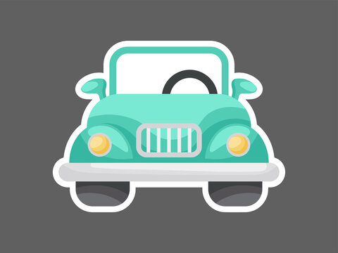 Green cartoon car for design of notebook, scrapbook, card and invitation. Cute sticker template decorated with cartoon image. Colorful automobile flat style, simple design. Vector stock illustration.