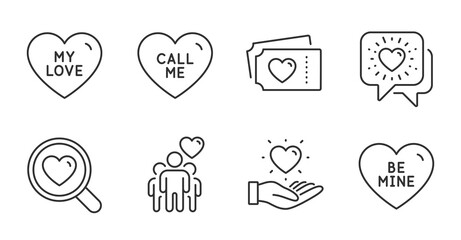 Call me, Friendship and Friends chat line icons set. Hold heart, Love tickets and Search love signs. Be mine symbol. Trust friends, Friendship, Valentine day. Love set. Quality line icons. Vector