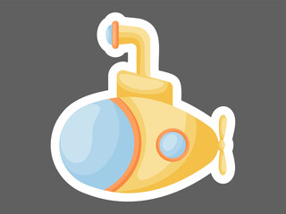 Cartoon yellow submarine with periscope for design of notebook, cards, invitation. Cute sticker template decorated with cartoon image. Flat cartoon colorful vector stock illustration.