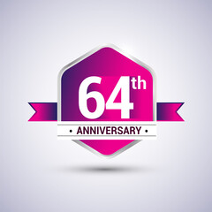 Logo 64th anniversary celebration isolated in red hexagon shape and red ribbon colored, vector design.