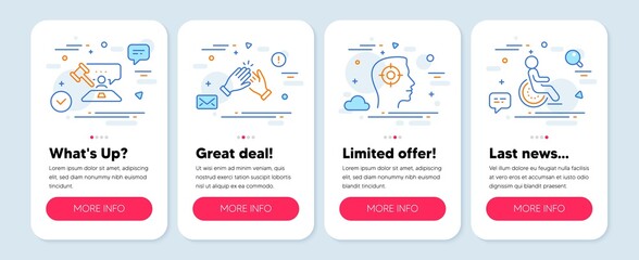 Set of People icons, such as Recruitment, Clapping hands, Judge hammer symbols. Mobile app mockup banners. Disability line icons. Headhunter aim, Clap, Judgement. Disabled person. Vector