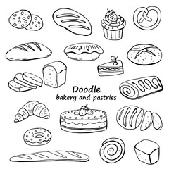Doodle image of bakery and pastries on white background. An image of a hand-drawn food. Vector for web, print, textile.