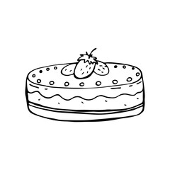 Doodle images of cake with strawberries. An image of a hand-drawn food. Vector for web, print, textile.
