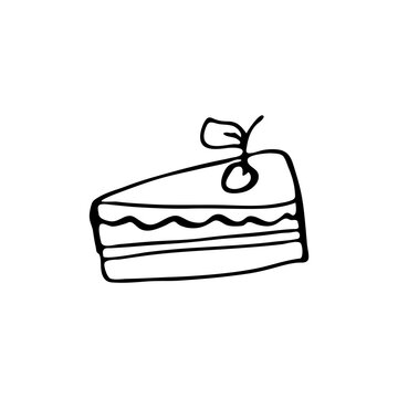 Doodle image of a piece of cake with cherries. An image of a hand-drawn food. Vector for web, print, textile.