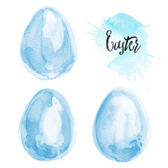 Set of easter eggs painted with watercolors on white background. Spring decoration. Decorating for Easter. Egg. Watercolor spots.