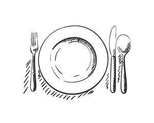 Cutlery, Empty plate with spoon, knife and fork Vector sketch top view isolated, Kitchen utensils, Hand drawn black on white background