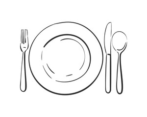 Cutlery, Empty plate with spoon, knife and fork Vector linear sketch top view isolated, Kitchen utensils, Hand drawn black line on white background