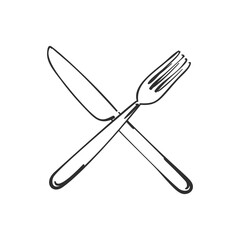 Vector cutlery, Fork and knife crossed linear sketch isolated pictogram, Kitchen dining utensils, Hand drawn black on white background