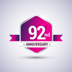 Logo 92nd anniversary celebration isolated in red hexagon shape and red ribbon colored, vector design.