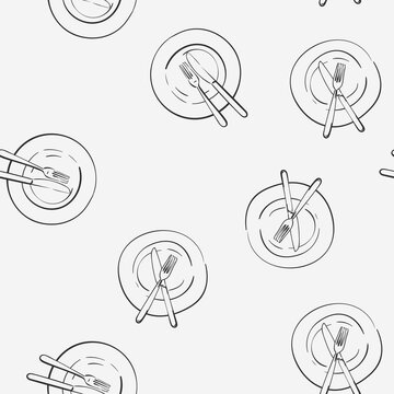 Fork And Knife On Empty Plate Seamless Pattern, Vector Linear Sketch Top View Cutlery, Kitchen Dining Background, Hand Drawn