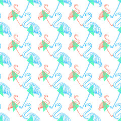 Seamless pattern with hand drawn flamingos, vector illustration