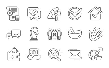 Marketing strategy, Chemistry lab and Partnership line icons set. Settings blueprint, Cooking mix and Messenger mail signs. 360 degree, Confirmed and Social responsibility symbols. Vector