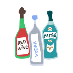 Fototapeta na wymiar Collection of bottles of strong alcohol. Vodka, red wine and martini. Party drinks concept. Hand draw cartoon isolated illustration on white background. Doodle line graphic design. Freehand drawing