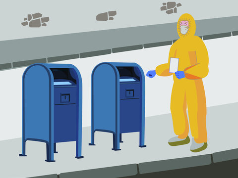 A person in a yellow protective overalls, mask, gloves and shoe covers standing with an envelope in hand next to mailboxes. Image of sending a letter during a pandemic, quarantine, remote voting by ma