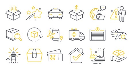 Set of Transportation icons, such as Ambulance car, Taxi, Parking garage symbols. Open box, Search package, Boarding pass signs. Search flight, Send box, Bumper cars. Flights application. Vector