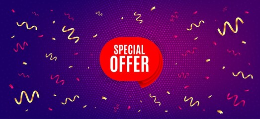 Special offer banner. Festive confetti background with offer message. Discount sticker shape. Sale coupon bubble icon. Best advertising confetti banner. Special offer badge shape. Vector