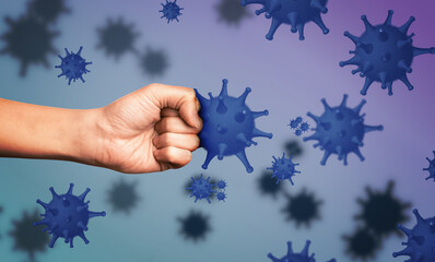 Be healthy - boost your immunity to fight with illness. Man showing clenched fist surrounded by...
