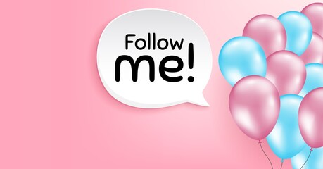Follow me symbol. Pink balloon vector background. Special offer sign. Super offer. Birthday balloon background. Follow me speech bubble. Celebrate pink banner. Vector