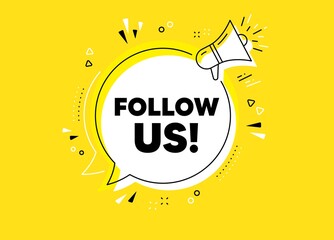 Follow us symbol. Megaphone yellow vector banner. Special offer sign. Super offer. Thought speech bubble with quotes. Follow us chat think megaphone message. Infographics yellow background. Vector