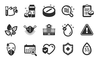 Plants watering, Vitamin e and Medical calendar icons simple set. Blood donation, Skin condition and Medical prescription signs. Hospital building, Sick man and Life insurance symbols. Vector