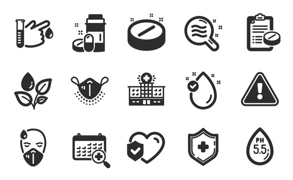 Plants watering, Vitamin e and Medical calendar icons simple set. Blood donation, Skin condition and Medical prescription signs. Hospital building, Sick man and Life insurance symbols. Vector