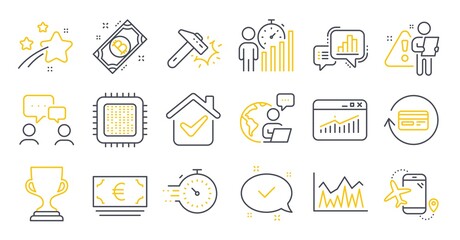 Set of Business icons, such as Graph chart, Approved, Bitcoin symbols. Cpu processor, Flights application, Investment signs. People chatting, Website statistics, Business statistics. Timer. Vector