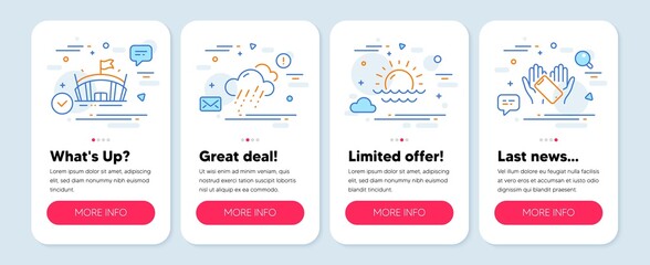 Set of Business icons, such as Arena, Sunset, Rainy weather symbols. Mobile app mockup banners. Smartphone holding line icons. Sport stadium, Sunny weather, Rain. Phone. Arena icons. Vector