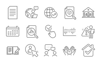 Safe time, Analytics chart and User line icons set. Court building, World statistics and Checkbox signs. Document, People chatting and Calendar symbols. Line icons set. Vector