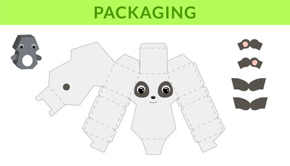 Party favor die cut panda box for birthdays, baby showers for sweets, candies, small presents, bakery. Retail box blueprint template design. Print, cutout, fold, glue. Vector stock illustration.