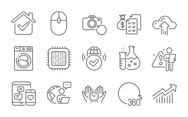 Social media, Washing machine and Chemistry flask line icons set. Cloud upload, Cpu processor and Demand curve signs. Computer mouse, Recovery photo and Safe time symbols. Line icons set. Vector