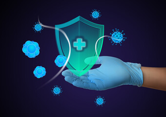 Immunologist and shield with cross as symbol of virus protection on blue background, closeup