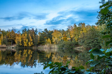 Fototapeta na wymiar A beautiful little lake called Schnepfensee in Germany at a sunny day in Autumn with a colorful forest reflecting in the water.