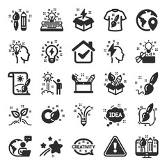 Creativity brush icons. Set of Design, Idea and Inspiration linear icons. Imagination, Idea box and Creative design. Brush with draw pencil, T shirt and Out of the box creativity. Vector