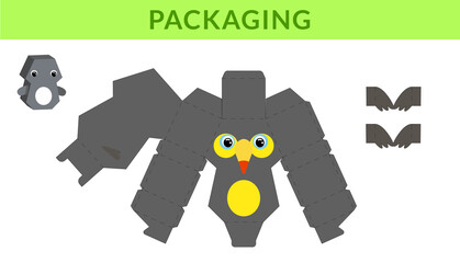 Party favor die cut toucan box for birthdays, baby showers for sweets, candies, small presents, bakery. Retail box blueprint template design. Print, cutout, fold, glue. Vector stock illustration.