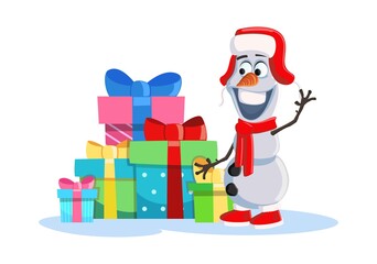 A snowman waving his hand standing by a pile of gifts