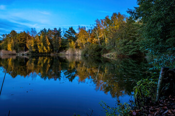 A beautiful little lake called Schnepfensee in Germany at a sunny day in Autumn with a colorful...