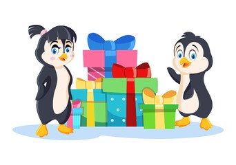Penguin Girl and Penguin Boy near the Pile of Gifts