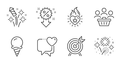 Heart flame, Archery and Fireworks rocket line icons set. Fireworks, Heart and Discount signs. Ice cream, Buyers symbols. Love fire, Attraction park, Pyrotechnic salute. Holidays set. Vector