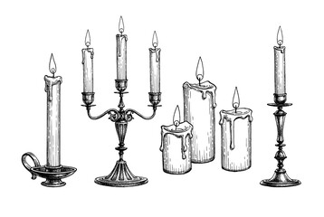 Ink sketch of candles. - obrazy, fototapety, plakaty