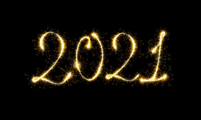 Obraz na płótnie Canvas 2021 sparkling burning golden numbers on dark black background. Vector concept for websine, application, banner and Christmas decoration.